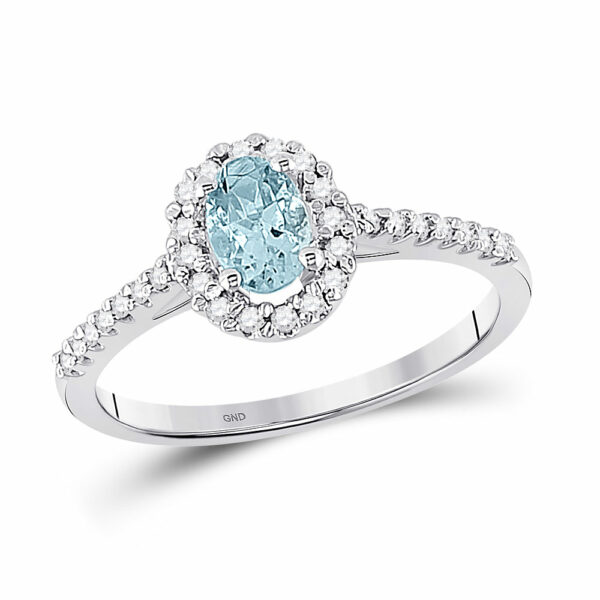 10kt White Gold Womens Oval Aquamarine Diamond-accent Solitaire Ring 1/5 Cttw