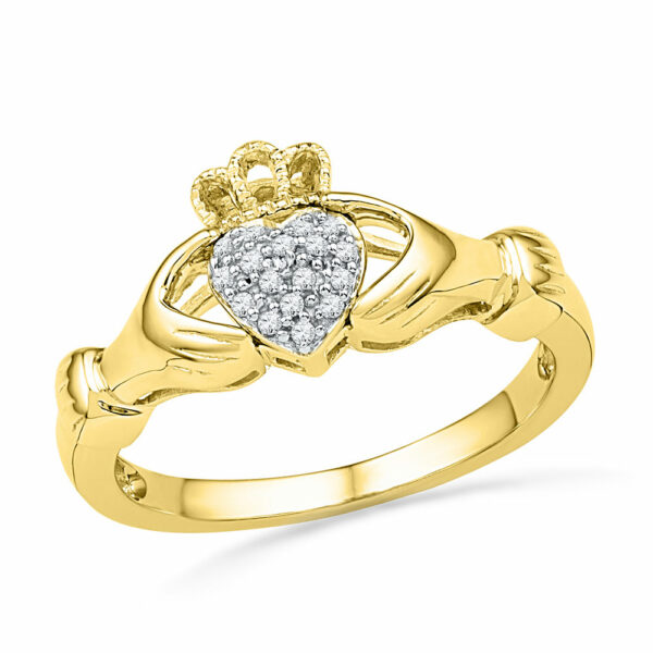 10kt Yellow Gold Womens Round Diamond Claddagh Hands & Heart Cluster Ring 1/20 Cttw