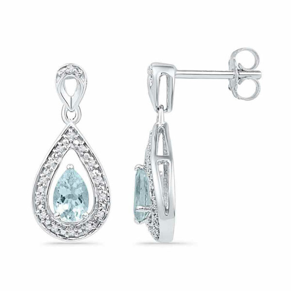 10k White Gold Diamond & Lab-Created Aquamarine Teardrop Dangle Earrings 5/8 Cttw