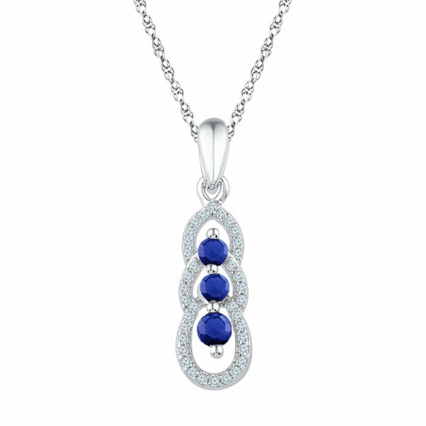 10kt White Gold Womens Round Lab-Created Blue Sapphire 3-stone Pendant 1/2 Cttw