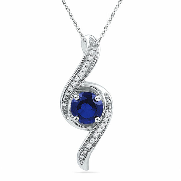 10kt White Gold Womens Round Lab-Created Blue Sapphire Solitaire Diamond Pendant 1 Cttw