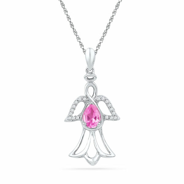 10kt White Gold Womens Pear Lab-Created Pink Sapphire Angel Pendant 5/8 Cttw