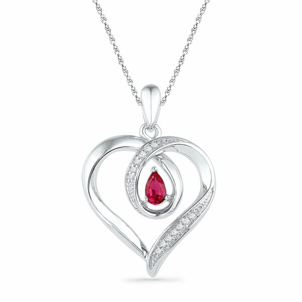 10kt White Gold Womens Pear Lab-Created Ruby Diamond Heart Pendant 1/20 Cttw