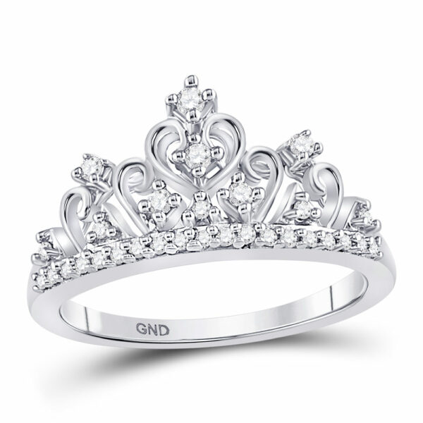 10k White Gold Round Diamond Womens Womens Crown Tiara Cocktail Band 1/5 Cttw