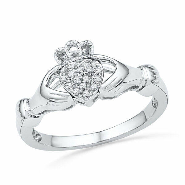 10kt White Gold Womens Round Diamond Claddagh Hands & Heart Cluster Ring 1/20 Cttw