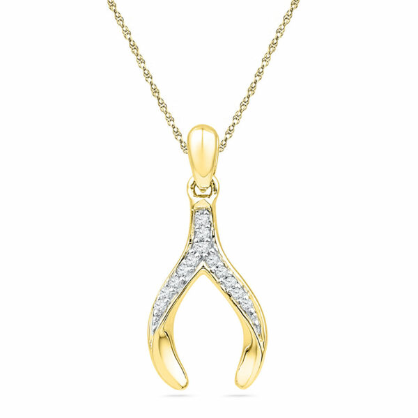 10k Yellow Gold Round Diamond Womens Wishbone Lucky Pendant 1/20 Cttw