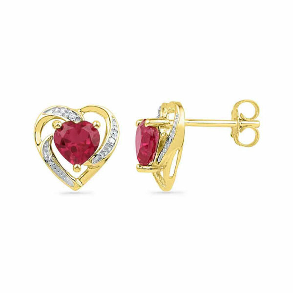 10kt Yellow Gold Womens Round Lab-Created Ruby Diamond Heart Earrings 3/8 Cttw