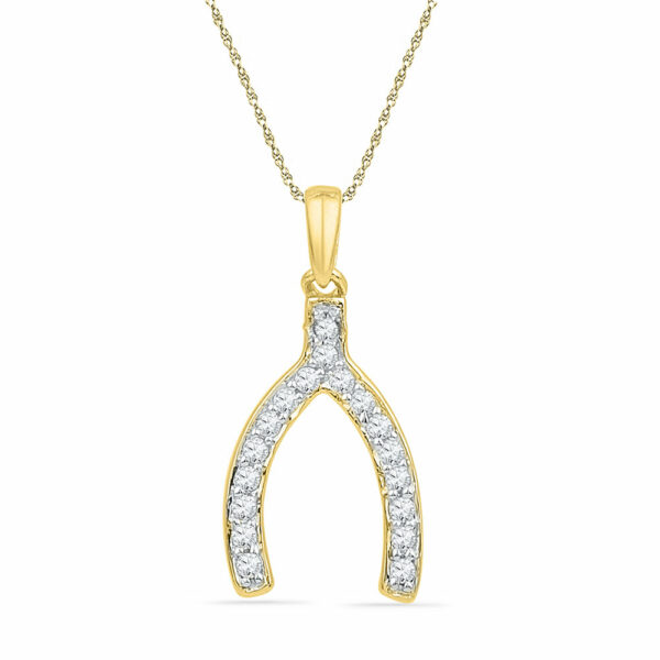 10k Yellow Gold Womens Round Diamond Lucky Wishbone Fortune Pendant 1/6 Cttw