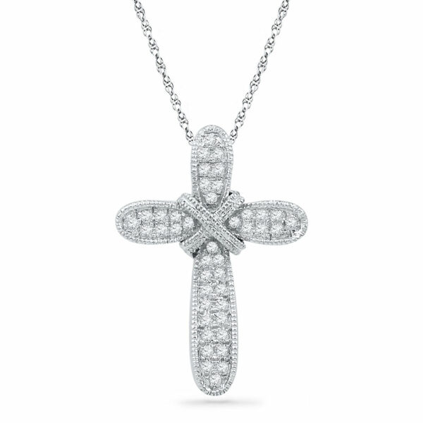 10kt White Gold Womens Round Diamond Cross Pendant 1/6 Cttw