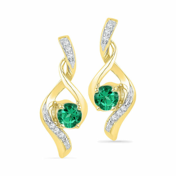 10kt Yellow Gold Womens Round Lab-Created Emerald Solitaire Diamond Earrings 1/3 Cttw