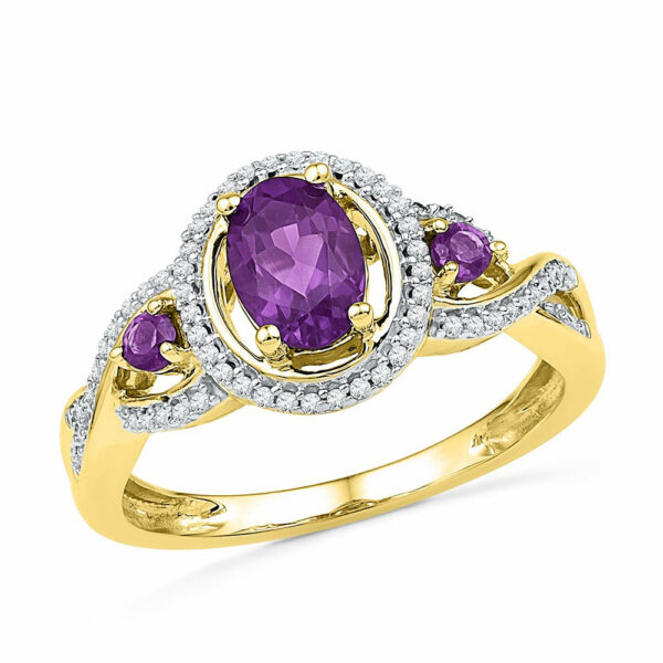 10kt Yellow Gold Womens Oval Lab-Created Amethyst Solitaire Diamond Ring 1 Cttw