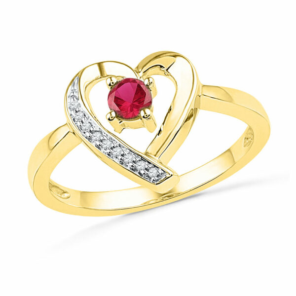 10kt Yellow Gold Womens Round Lab-Created Ruby Heart Ring 1/4 Cttw