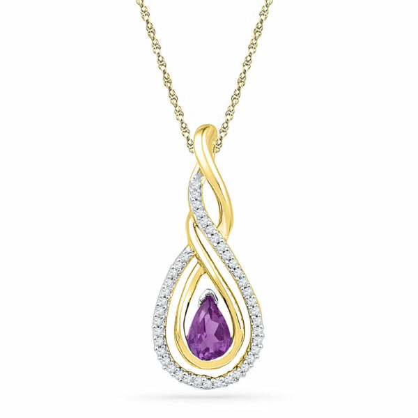 10kt Yellow Gold Womens Pear Lab-Created Amethyst Diamond Teardrop Pendant 1/2 Cttw