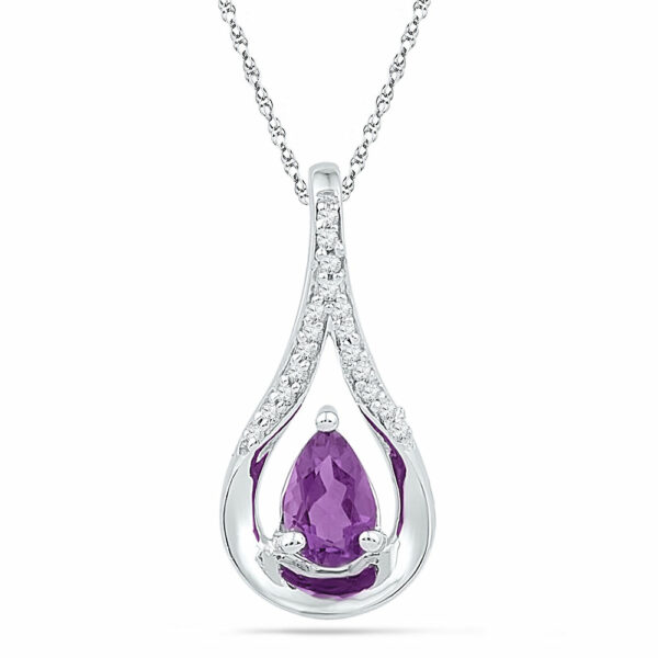 Sterling Silver Womens Pear Lab-Created Amethyst Solitaire Diamond Teardrop Pendant 1/2 Cttw