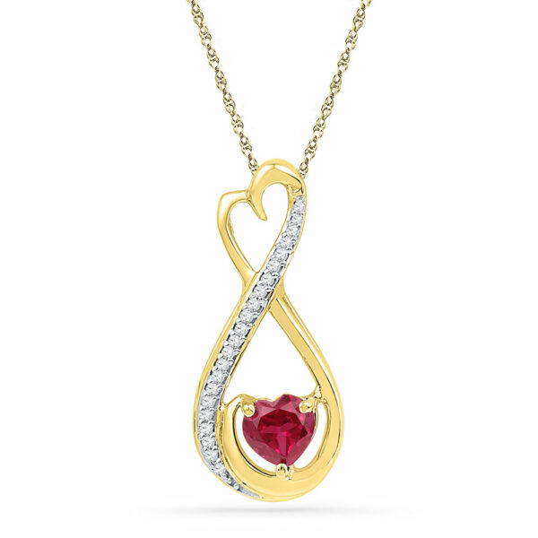 10kt Yellow Gold Womens Heart Lab-Created Ruby Solitaire Diamond Infinity Pendant 5/8 Cttw