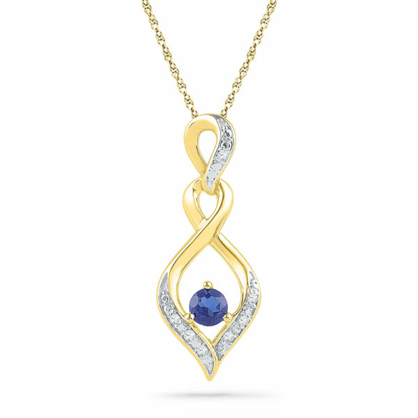 10kt Yellow Gold Womens Round Lab-Created Blue Sapphire Solitaire Diamond Pendant .02 Cttw