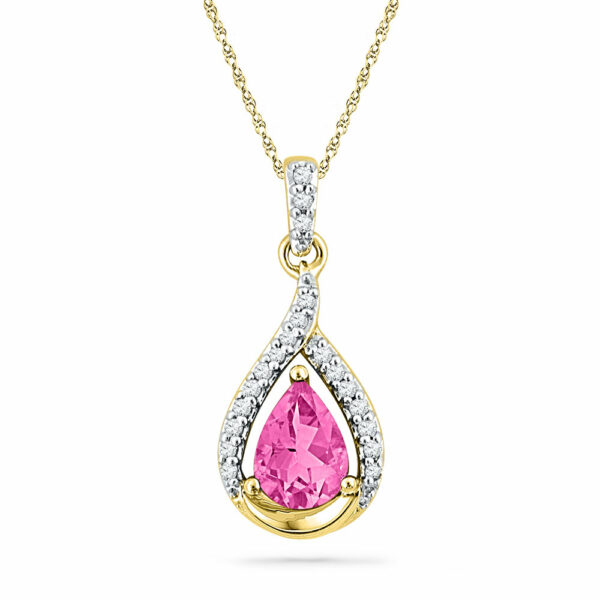 10kt Yellow Gold Womens Pear Lab-Created Pink Sapphire Solitaire Diamond Pendant 1-5/8 Cttw