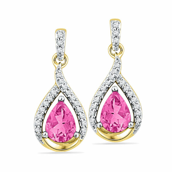 10kt Yellow Gold Womens Lab-Created Pink Sapphire Dangle Earrings 3-1/5 Cttw