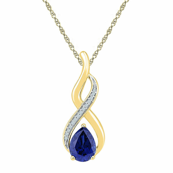 10kt Yellow Gold Womens Pear Lab-Created Blue Sapphire Solitaire Diamond Pendant 1-4/5 Cttw