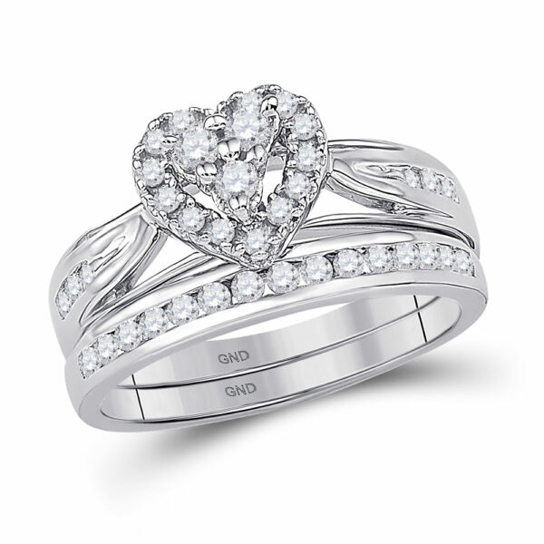 10kt White Gold Round Diamond Heart Bridal Wedding Ring Band Set 1/2 Cttw