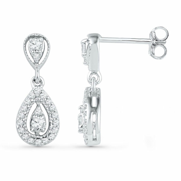 10kt White Gold Womens Round Diamond Teardrop Dangle Earrings 1/3 Cttw