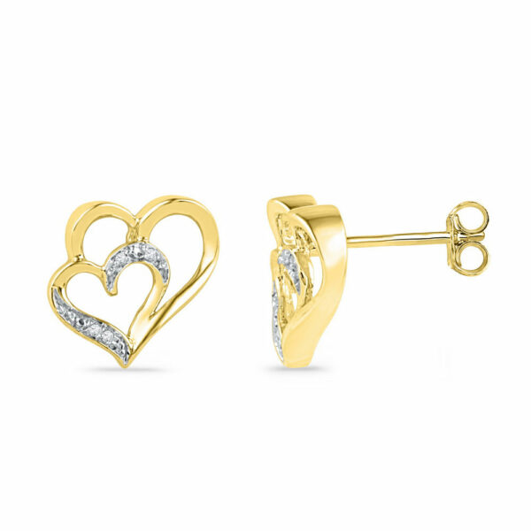 10kt Yellow Gold Womens Round Diamond Heart Earrings .03 Cttw