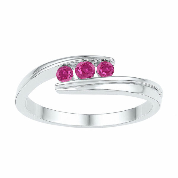 Sterling Silver Womens Round Lab-Created Pink Sapphire 3-stone Ring 1/2 Cttw