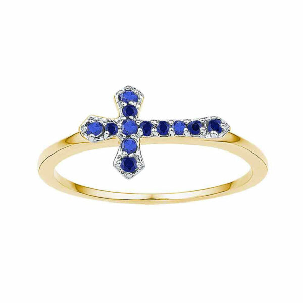 10kt Yellow Gold Womens Round Lab-Created Blue Sapphire Cross Religious Ring 1/8 Cttw