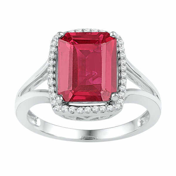 10kt White Gold Womens Emerald Lab-Created Ruby Solitaire Diamond Ring 4-5/8 Cttw