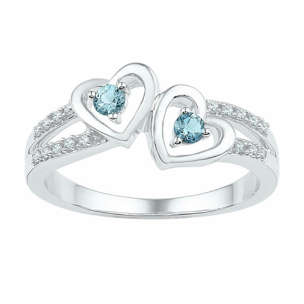 Sterling Silver Womens Round Lab-Created Aquamarine Diamond Heart Ring 1/5 Cttw