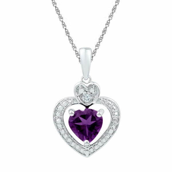 10kt White Gold Womens Heart Lab-Created Amethyst Heart & Diamond Pendant 3/4 Cttw