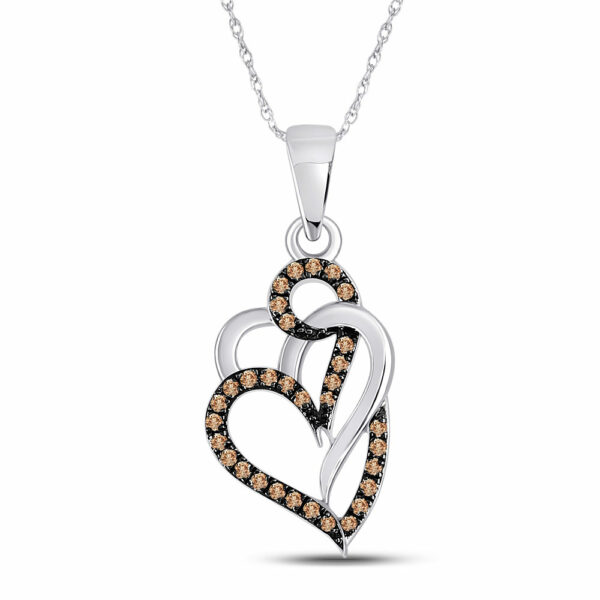 10kt White Gold Womens Round Brown Diamond Triple Heart Pendant 1/4 Cttw