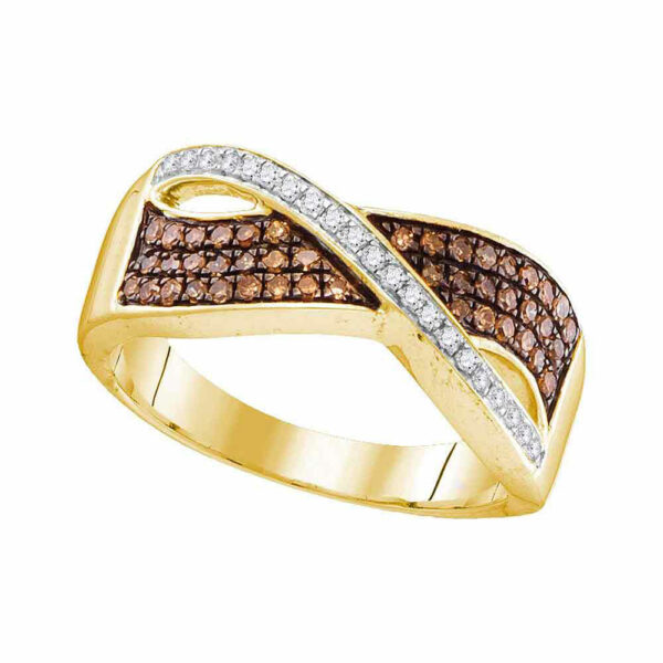 10kt Yellow Gold Womens Round Brown Diamond Crossover Band Ring 1/3 Cttw