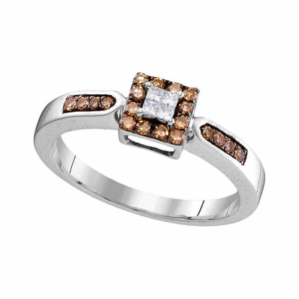 10kt White Gold Womens Round Brown Diamond Square Cluster Ring 1/4 Cttw