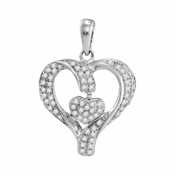 10kt White Gold Womens Round Diamond Heart Pendant 1/6 Cttw