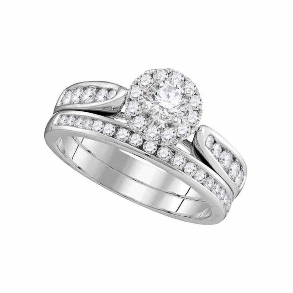 14kt White Gold Diamond Round Halo Bridal Wedding Ring Band Set 1 Cttw