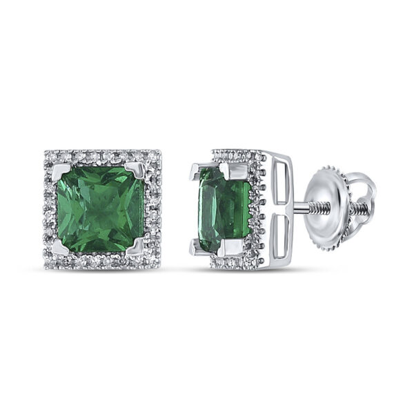 Sterling Silver Womens Princess Lab-Created Emerald Solitaire Stud Earrings 1-3/4 Cttw