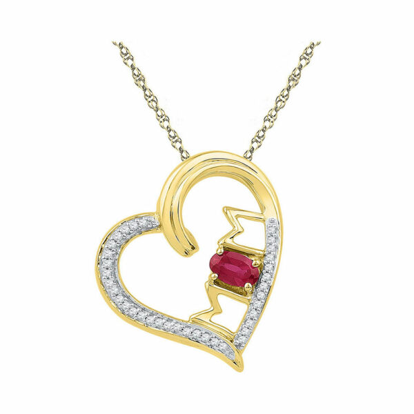 10k Yellow Gold Womens Lab-created Ruby & Diamond Heart Mom Mother Love Pendant 5/8 Cttw