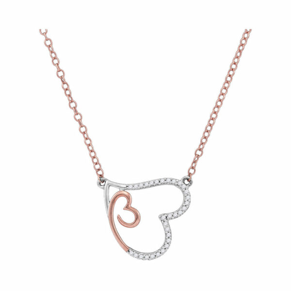 10kt Rose Gold Womens Round Diamond Double Heart Pendant Necklace 1/10 Cttw