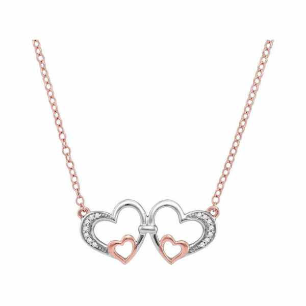 10kt Rose Gold Womens Round Diamond Double Heart Pendant Necklace 1/20 Cttw