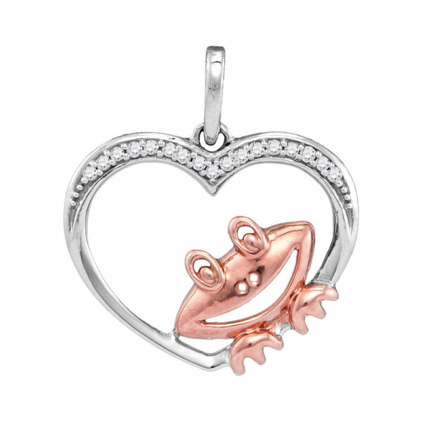 10kt White Gold Womens Round Diamond Rose-tone Frog Heart Pendant 1/20 Cttw