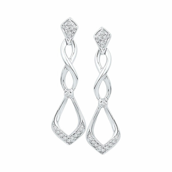 10kt White Gold Womens Round Diamond Cascading Teardrop Dangle Earrings 1/10 Cttw