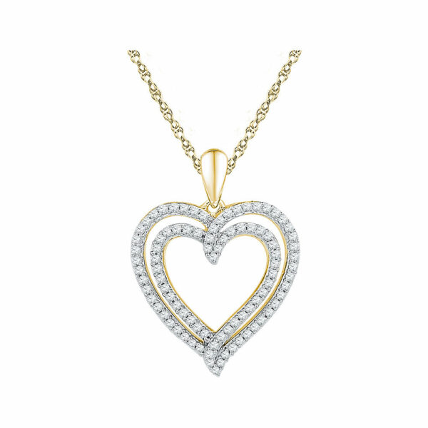 10kt Yellow Gold Womens Round Diamond Double Frame Heart Pendant 1/2 Cttw