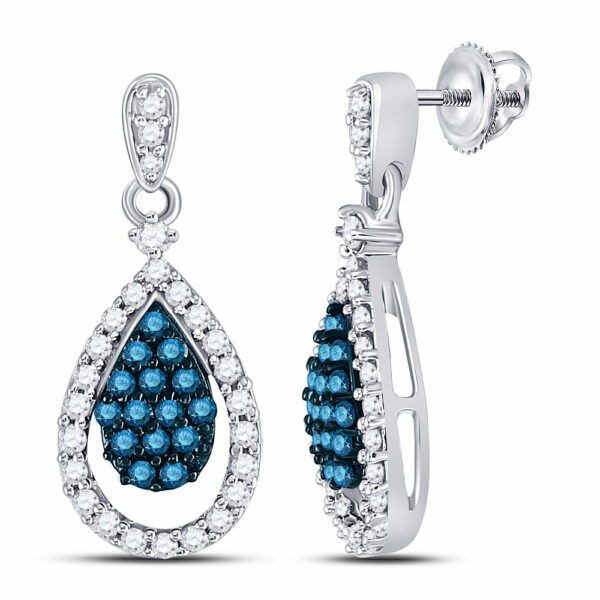 10kt White Gold Womens Round Blue Color Enhanced Diamond Teardrop Dangle Earrings 5/8 Cttw