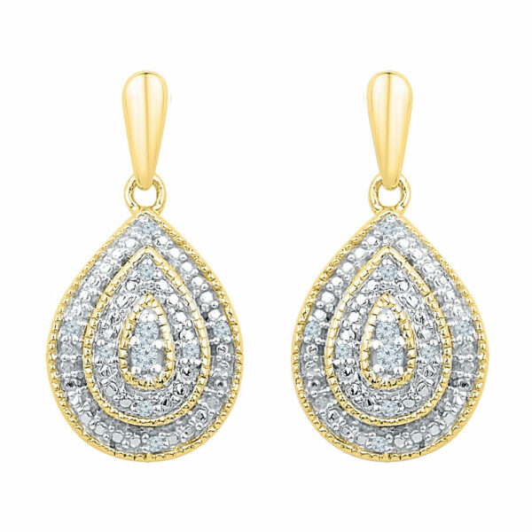 10kt Yellow Gold Womens Round Diamond Milgrain Teardrop Dangle Earrings 1/10 Cttw