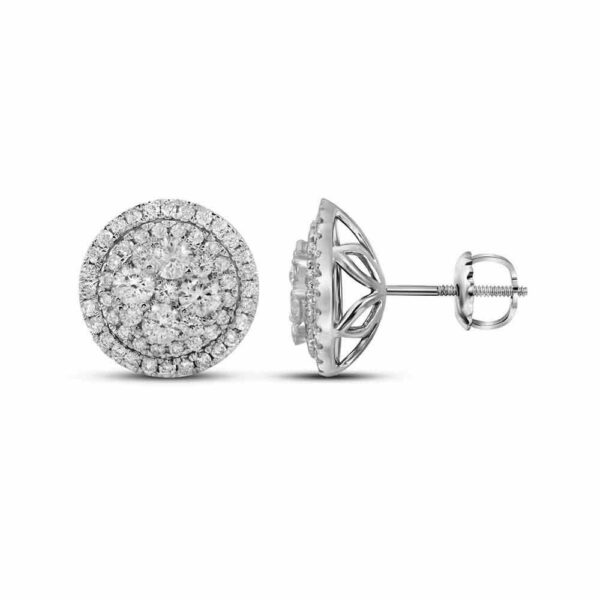 14kt White Gold Womens Round Diamond Framed Flower Cluster Earrings 1-3/4 Cttw