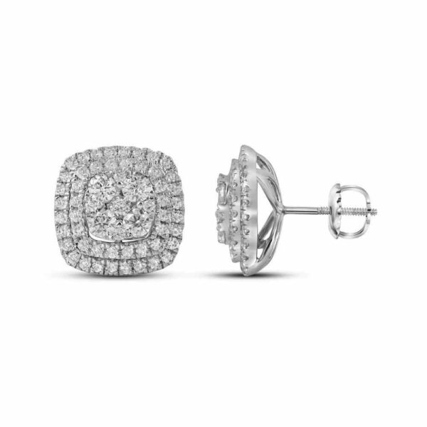 14kt White Gold Womens Round Diamond Double Square Frame Cluster Earrings 1-1/2 Cttw