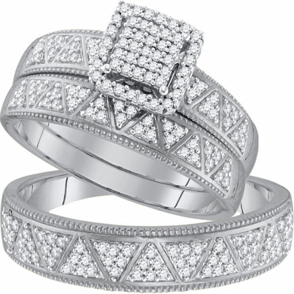 10kt White Gold His Hers Round Diamond Square Matching Wedding Set 1/2 Cttw