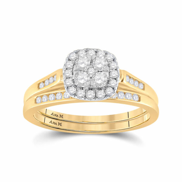 14kt Yellow Gold Round Diamond Cluster Bridal Wedding Ring Band Set 1/2 Cttw