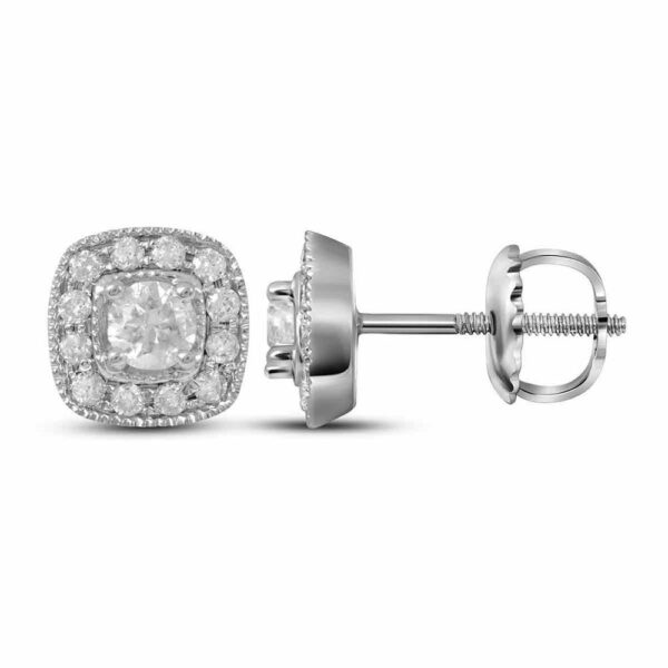 14kt White Gold Womens Round Diamond Solitaire Square Frame Earrings 3/8 Cttw